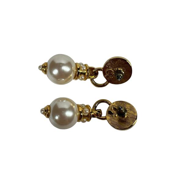 Womens Faux Double Pearl Drop Earrings Gold Tone Dangle Elegant Classic - Picture 5 of 7